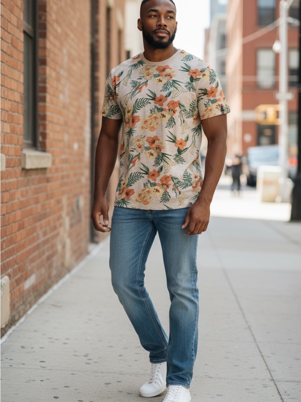 Free Planet Men’s Large Tropical Floral Graphic T Shirt Beige Hawaiian